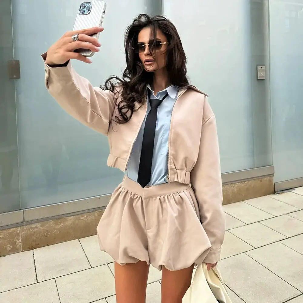 Tuularose Womens Lapel Zip Jacket Two Piece Pleated Shorts Autumn Suit