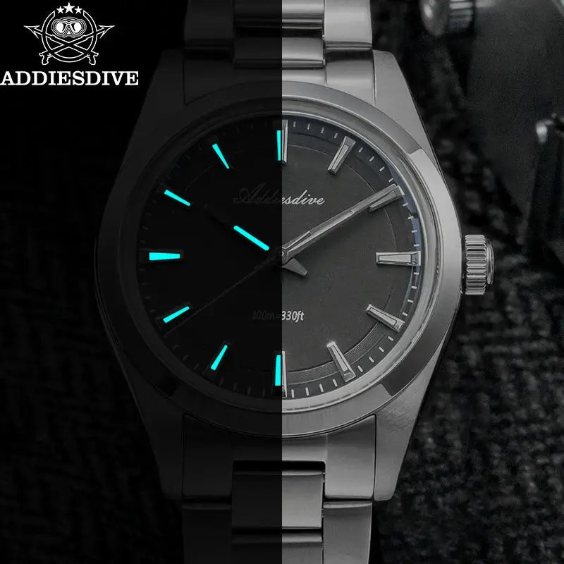 Addiesdive 36mm men's stainless steel quartz watch with luminescent blue markers, Simples Market