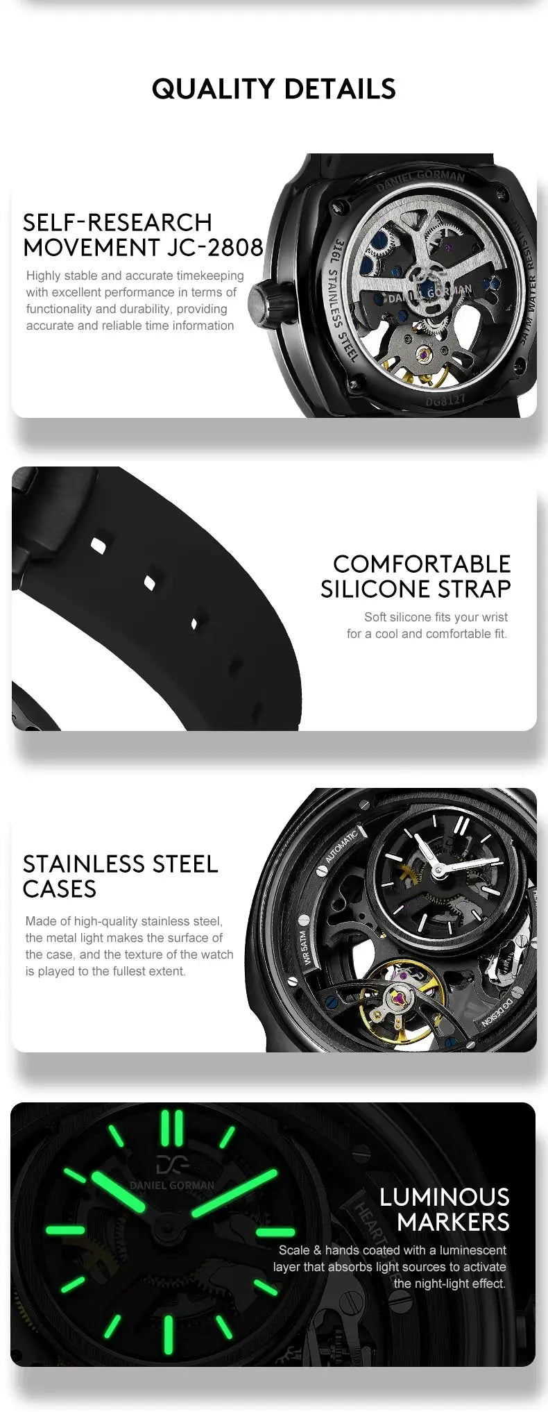 Daniel Gorman men's automatic watch with black stainless steel case and silicone strap, luminous markers