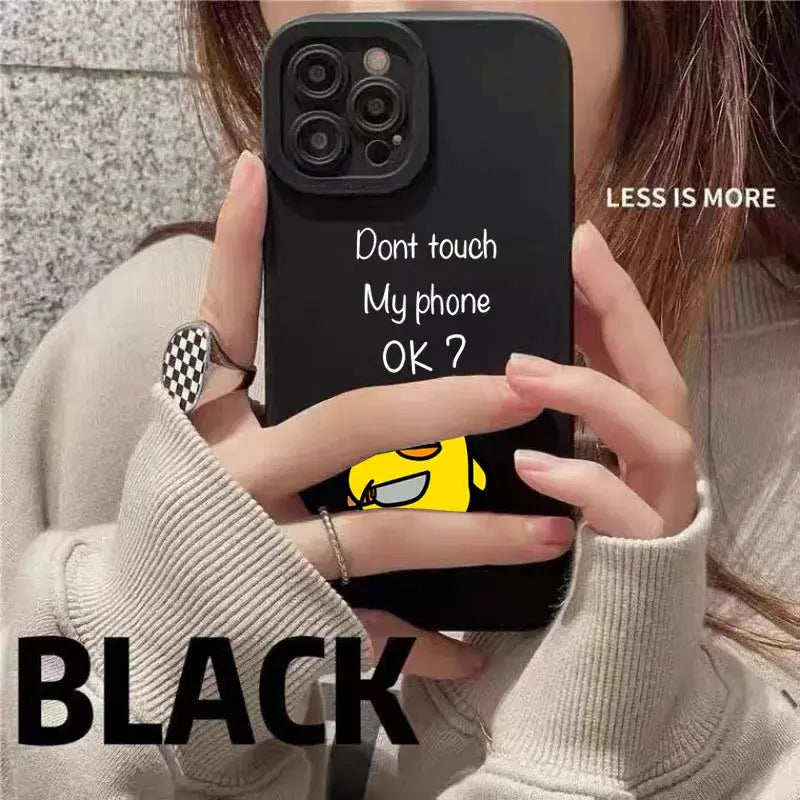 Black silicone iPhone case by Simples Market featuring a cute yellow duck graphic and white text