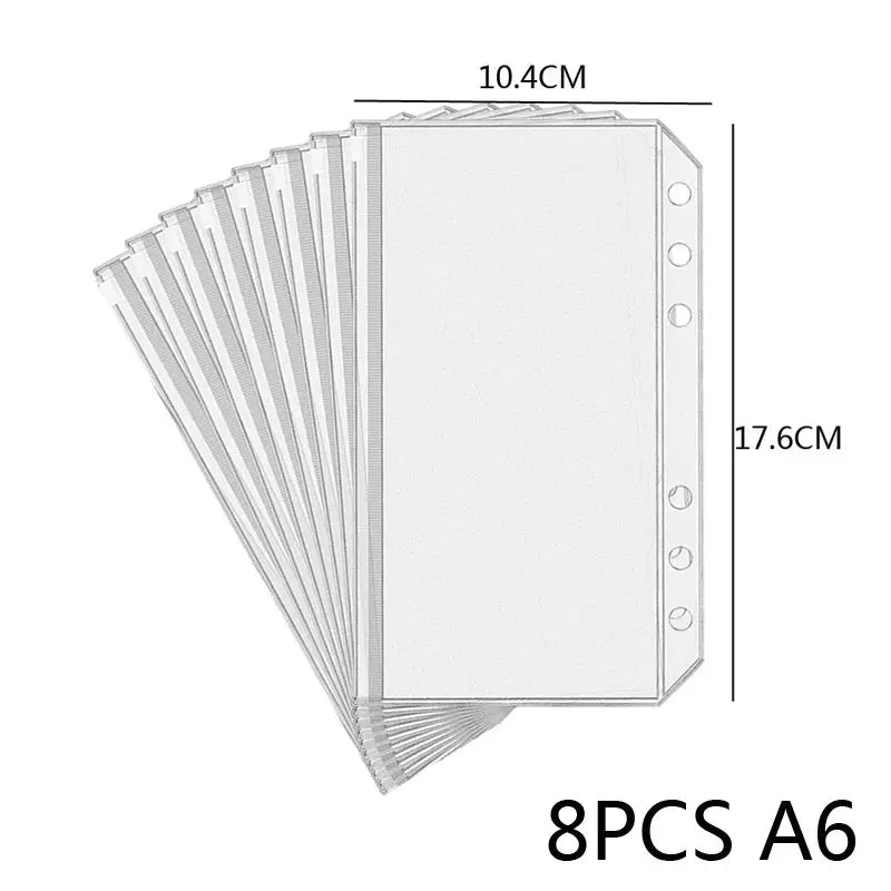 Simples Market 8pcs transparent PVC binder pockets, A6 size for filing and money organizing.