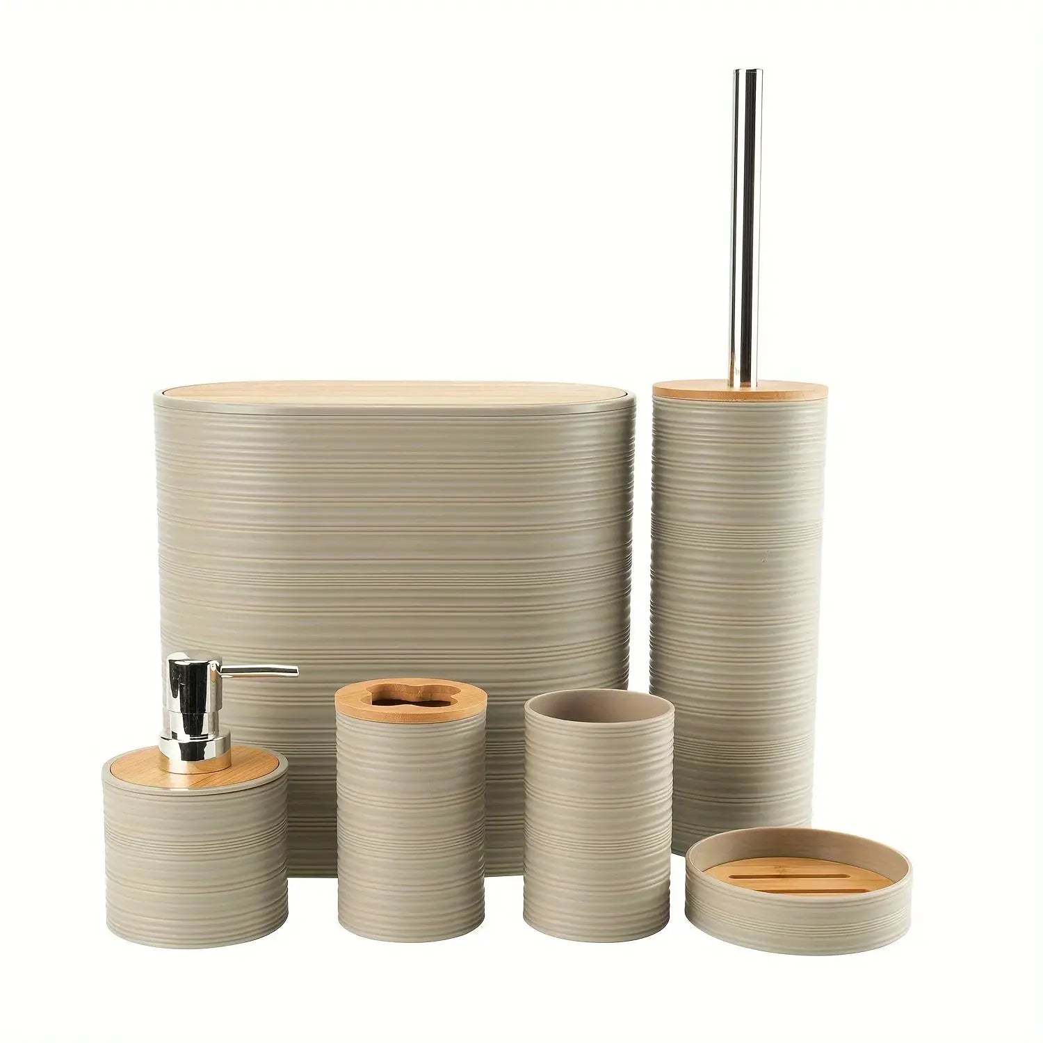 6-piece bathroom accessories set in ribbed taupe ceramic with bamboo lids and soap dispenser by Simples Market.