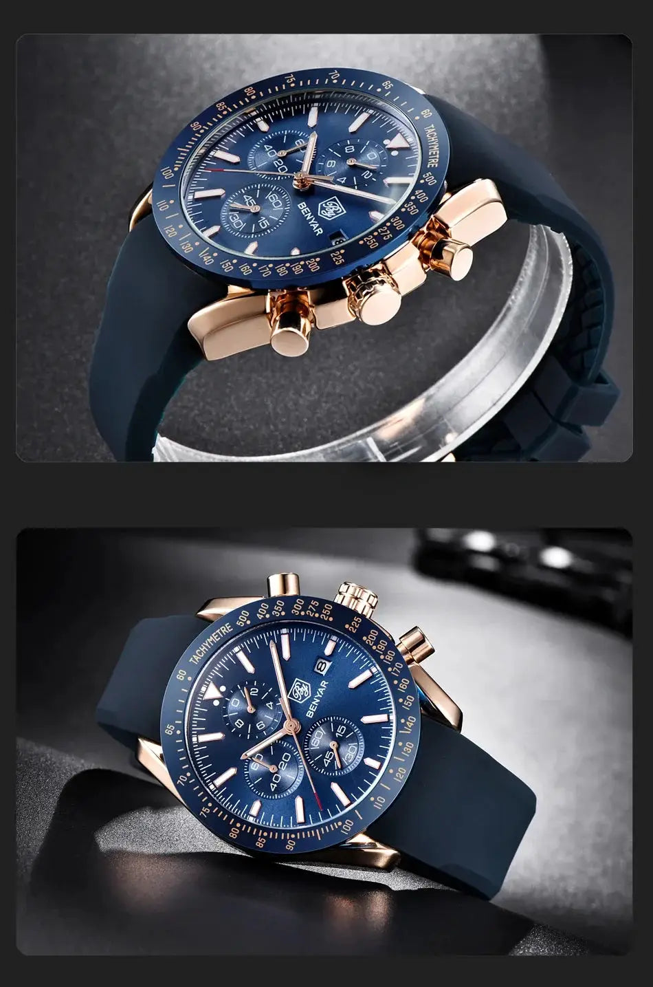 Men's BENYAR luxury steel chronograph watch with blue dial, rose-gold case and blue silicone strap