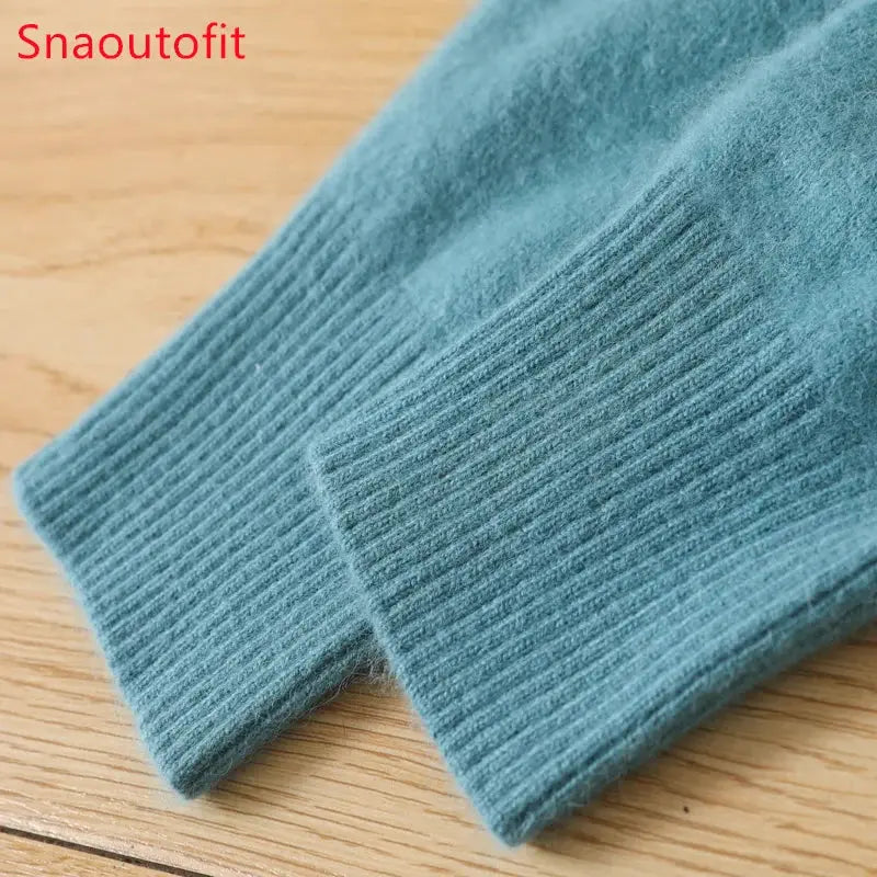 Men's teal mink cashmere sweater with ribbed cuffs; Snaoutofit watermark visible.