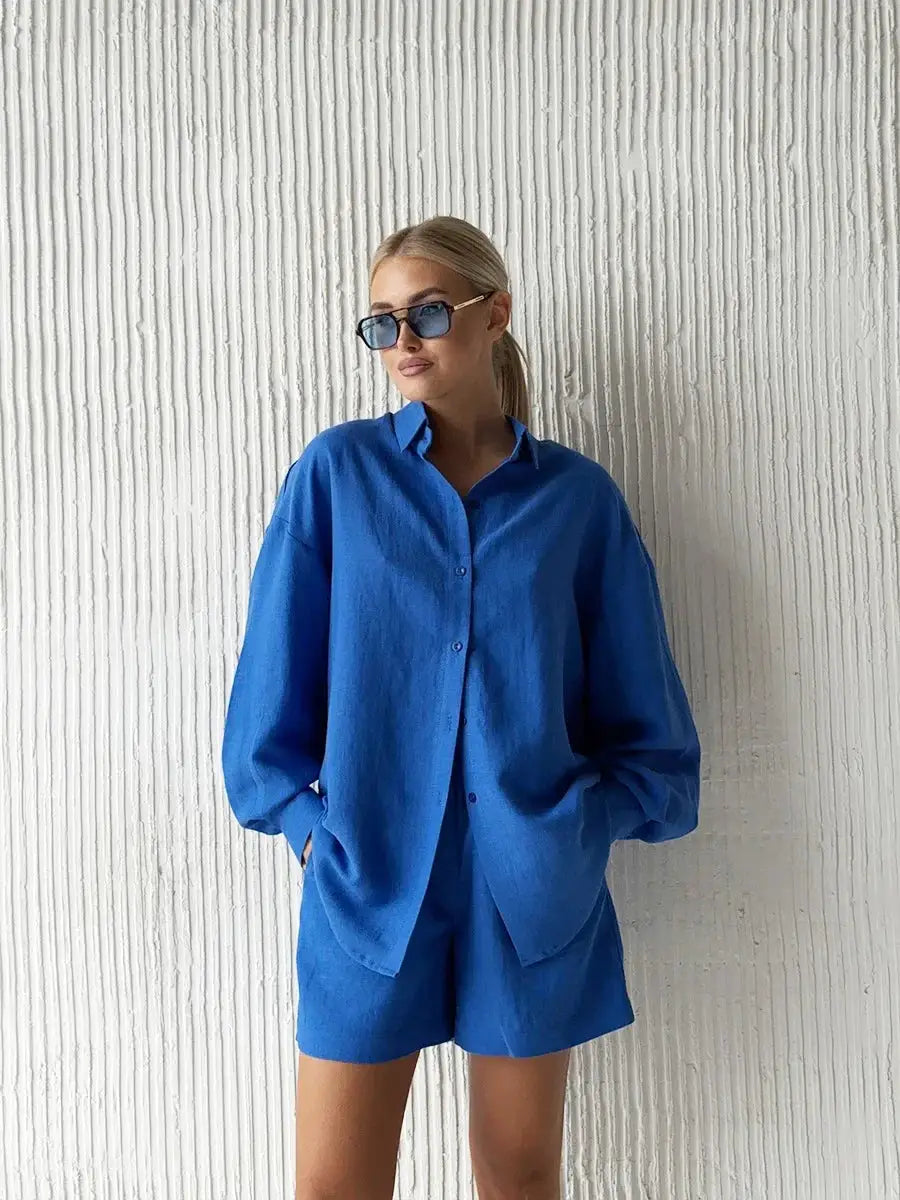 Bornladies Cotton Shorts Set Lapel Long Sleeve Shirt Elastic Waist
