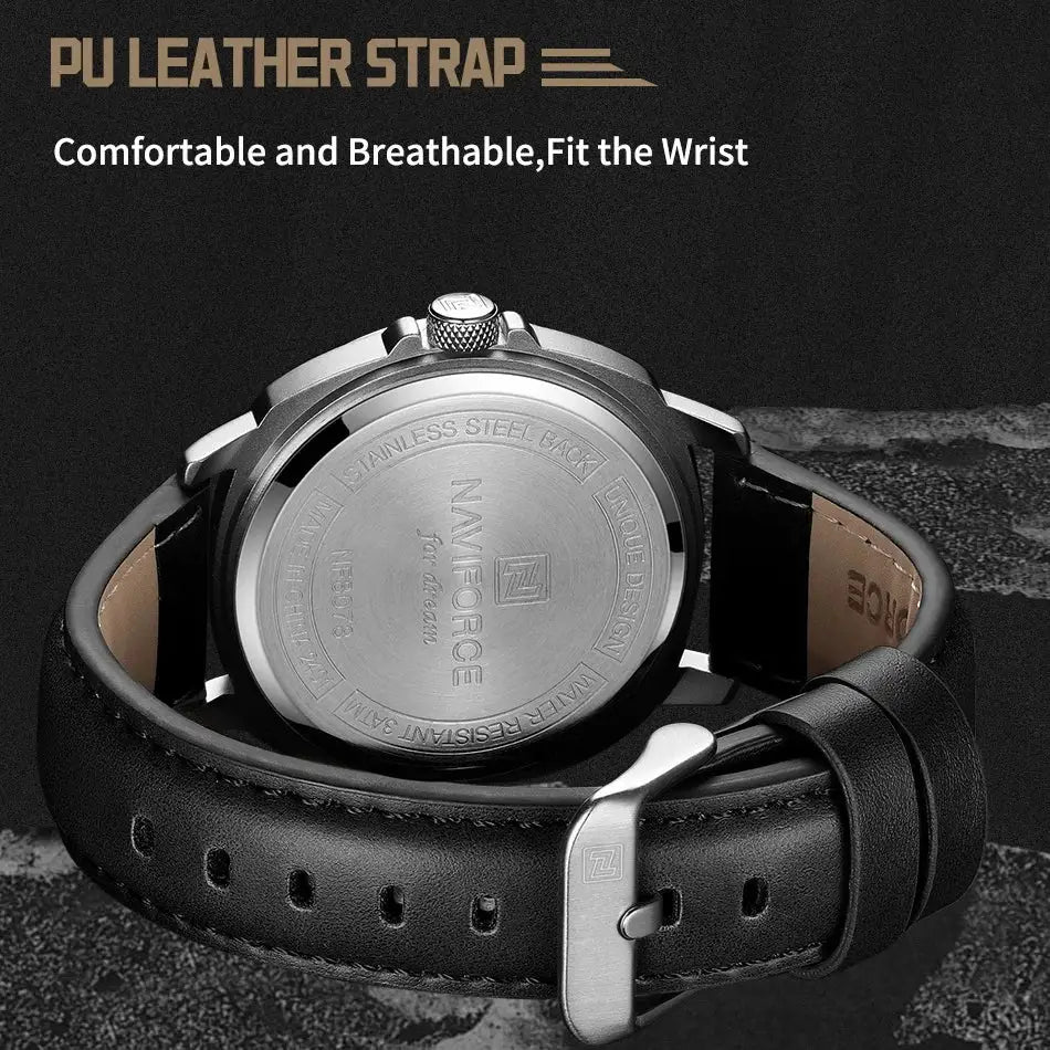 Naviforce men's quartz watch with black PU leather strap and stainless back; calendar date display, water resistant.