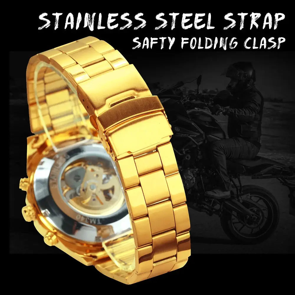 Gold-tone skeleton mechanical watch for men with stainless steel strap and luminous hands.