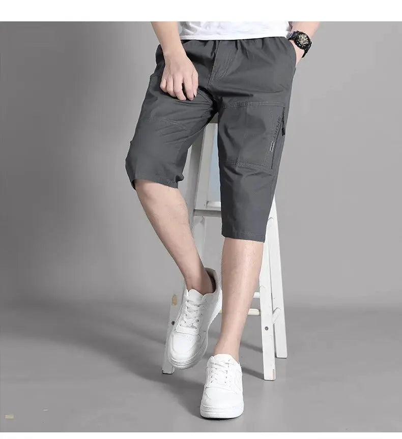 Men's cargo shorts, knee-length dark gray cotton with zip pocket and elastic waist