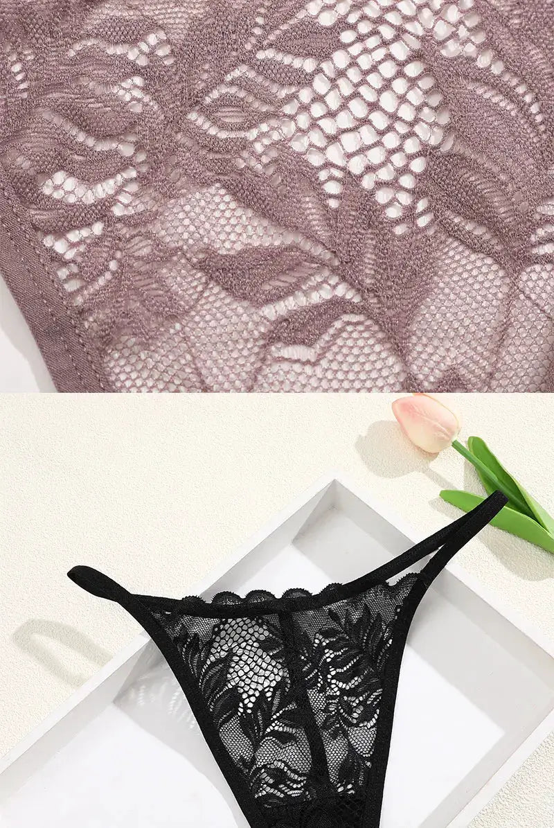 Simples Market 6-piece lace thong set for women, low-rise, black and taupe floral lace underwear