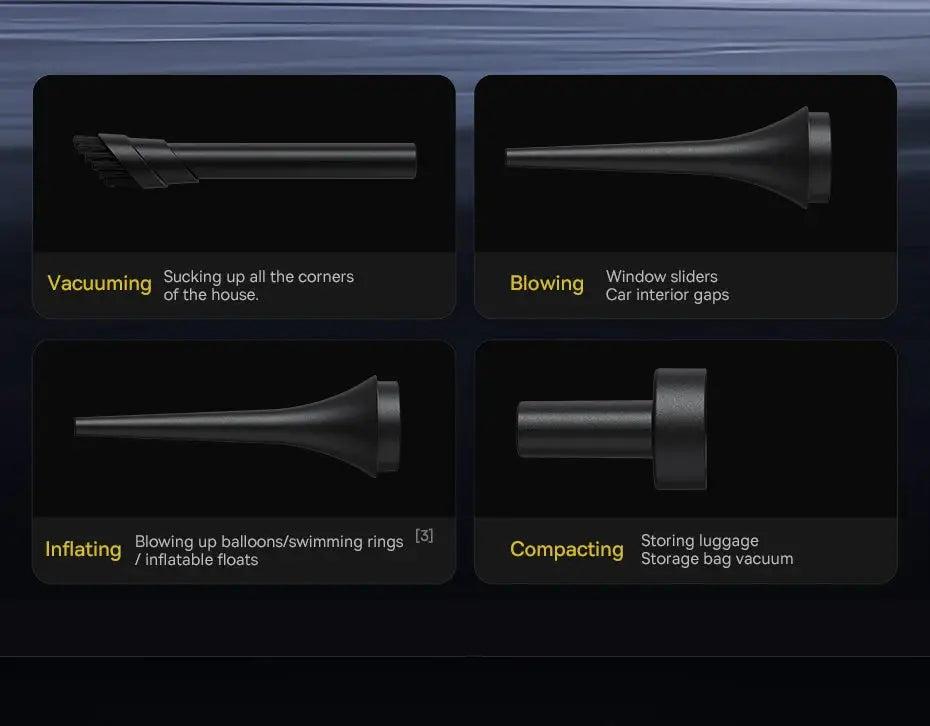 Baseus wireless car vacuum by Simples Market with four black nozzles for crevice, blowing, inflating, and storage.