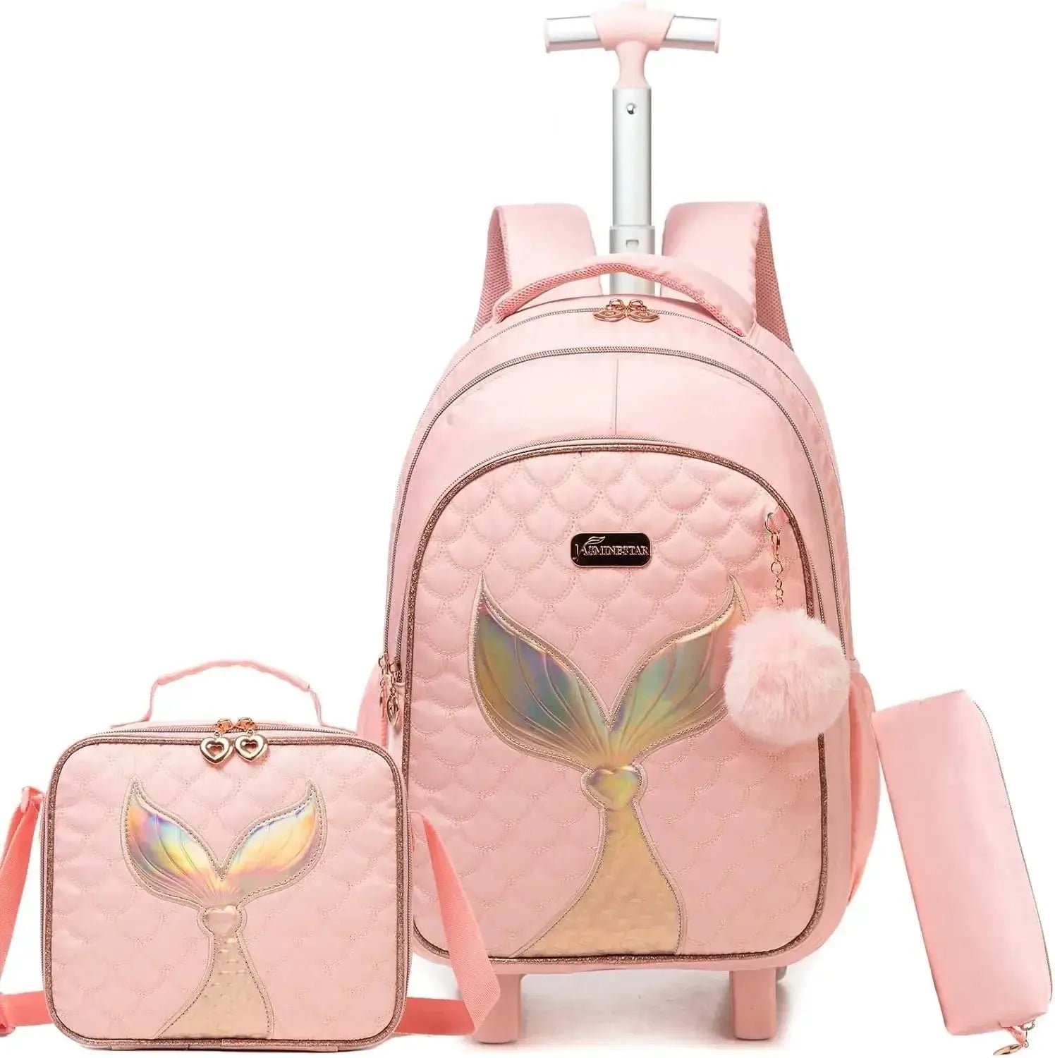 Children's pink wheeled backpack set by Simples Market with quilted butterfly-wing design and matching lunch bag