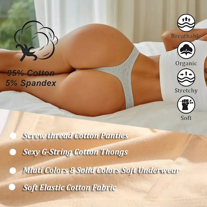 4-pack womens cotton thong underwear set, seamless low-rise V-waist in gray; breathable, soft 95% cotton 5% spandex