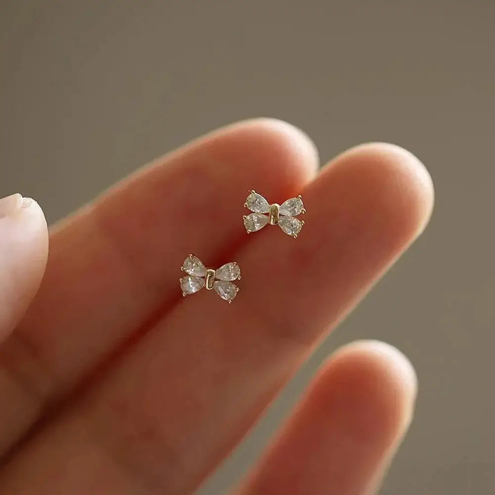Gold Color Metal Bar Round Cubic Zirconia Stud Earrings For Women Bowknot Shape CZ Post Earring Classic Sparkling