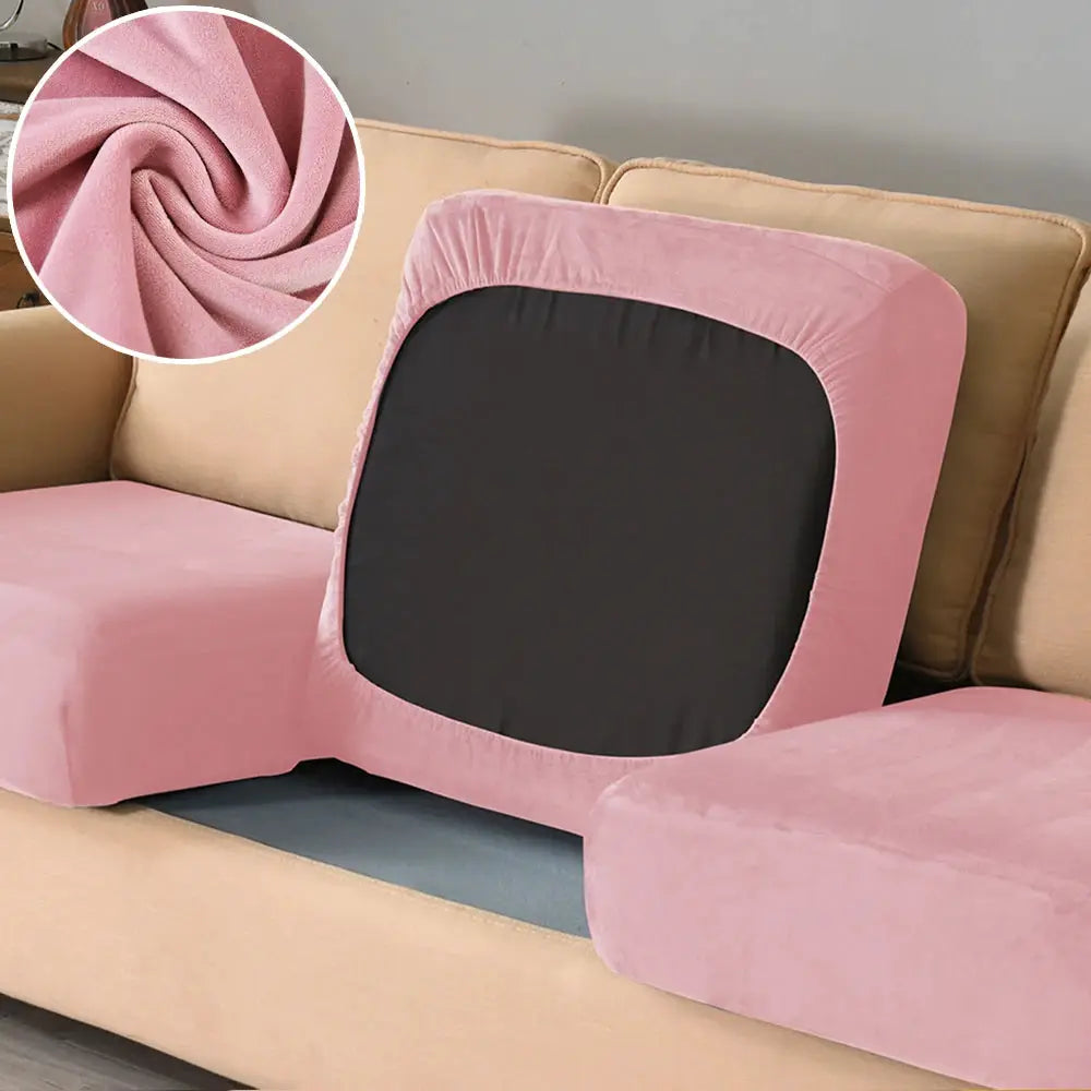 Soft velvet sofa slipcover set in pink; elastic, pet-friendly couch covers for chaise lounge