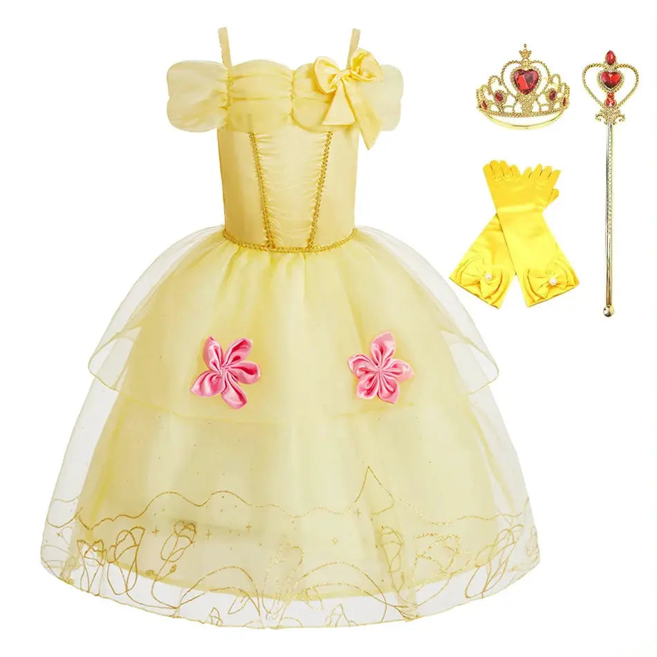 Kids Princess Costume Party Dress With Floral Pattern And Appliques Inspired By Rapunzel And Belle