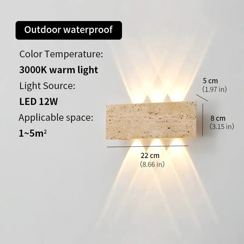 Wabi-sabi outdoor waterproof wall lamp with beige natural stone block, 12W LED, warm 3000K light, ideal for exterior use