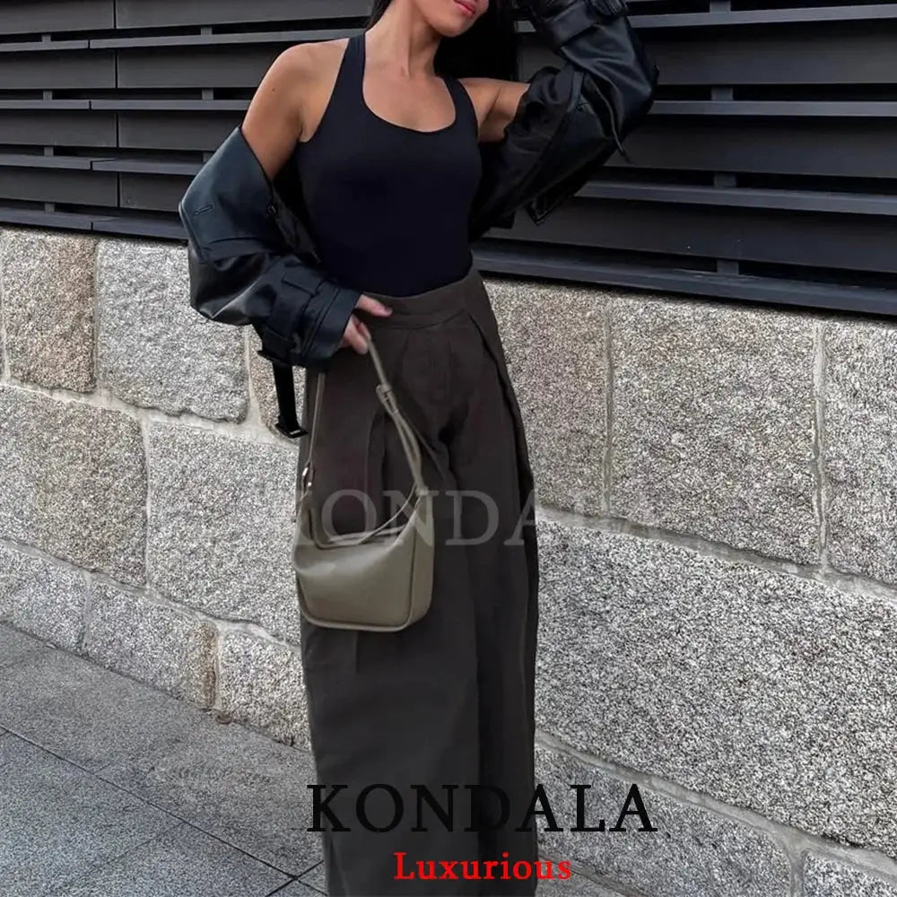 KONDALA Casual Chic Wide Leg Pants For Women High Waist Pleated Trousers With Pockets Office Lady