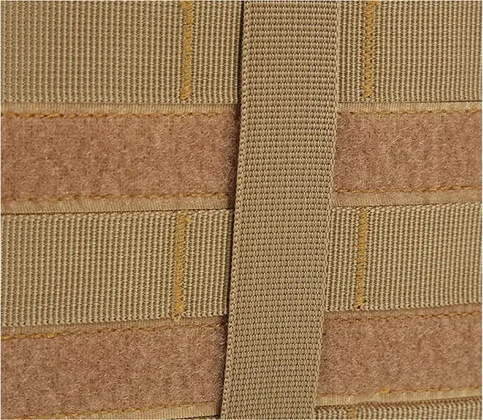 Tactical sling bag in tan with MOLLE webbing and nylon strap close-up