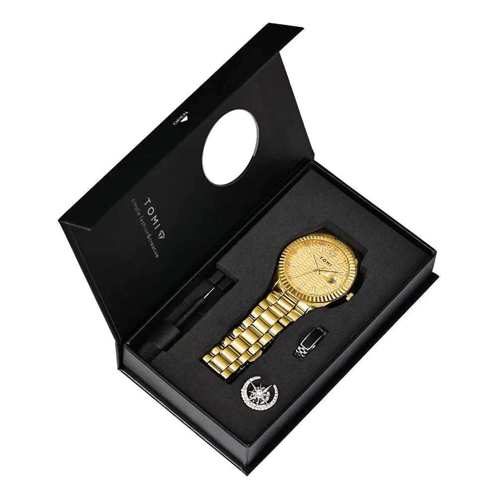 Gold-tone TOMI men's watch 3-piece gift box set with calendar, stainless steel strap; includes ring and pendant.