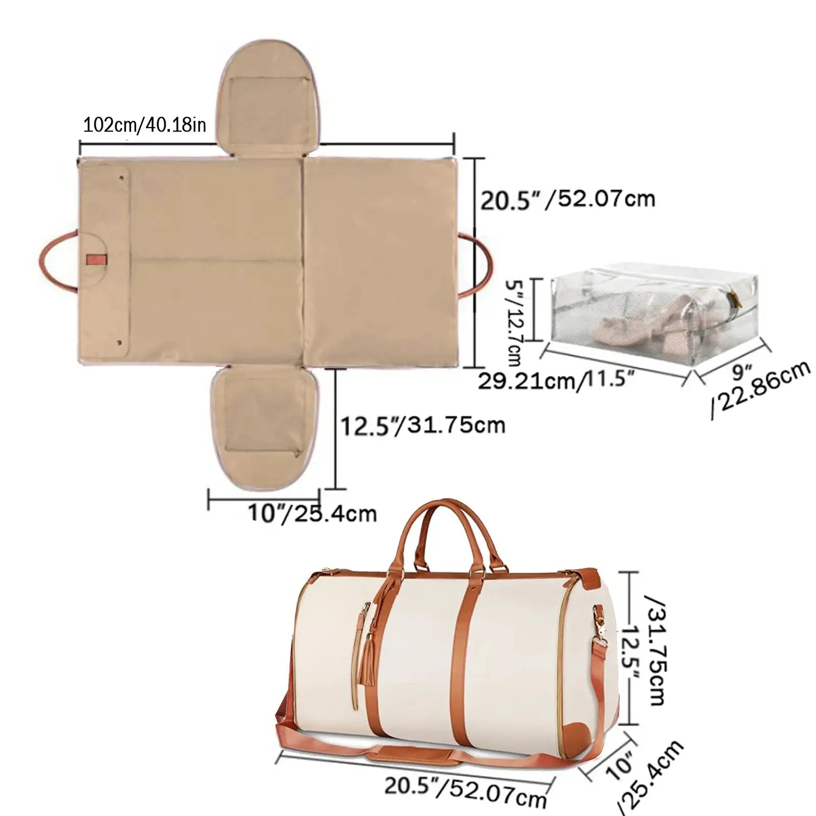 Foldable women's travel duffel bag, large beige PU leather with brown handles for carry-on use