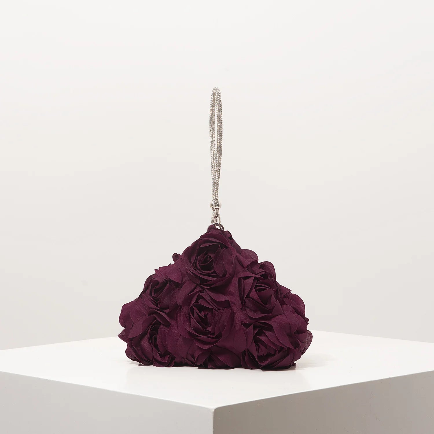 Mini floral purse with silver chain strap; deep purple rosette bag by Simples Market
