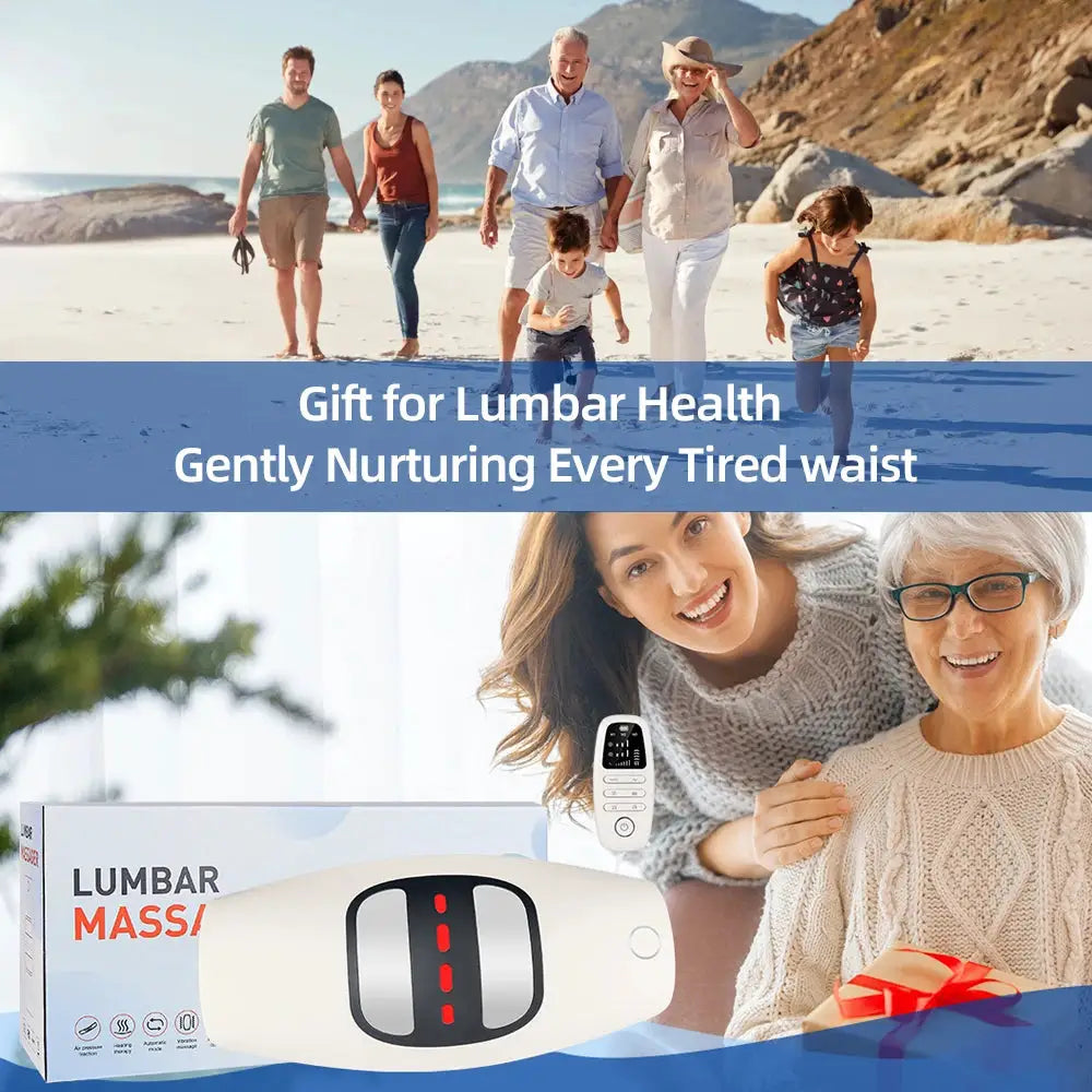 Lumbar massager by Simples Market with adjustable traction, white device and remote control