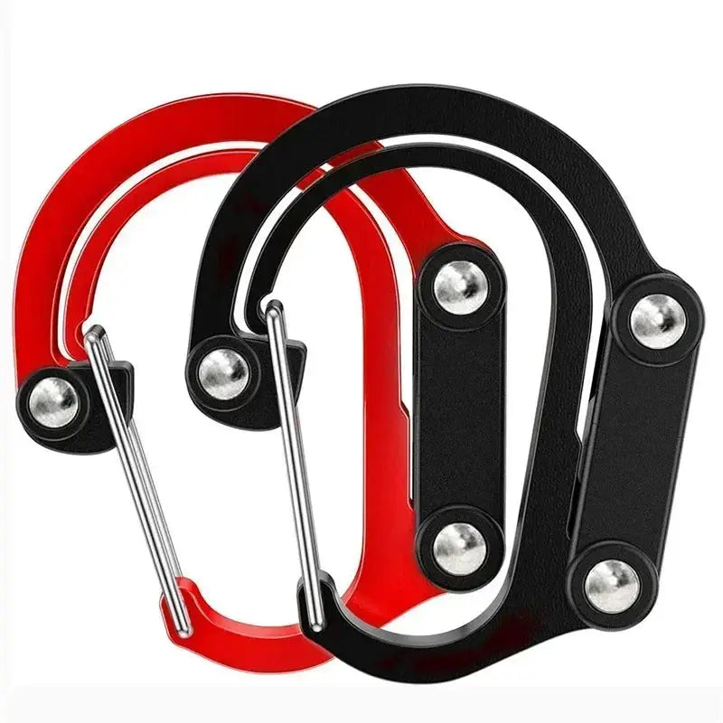 Rotating carabiners set with three heavy-duty hooks in red and black for camping, hiking and fishing
