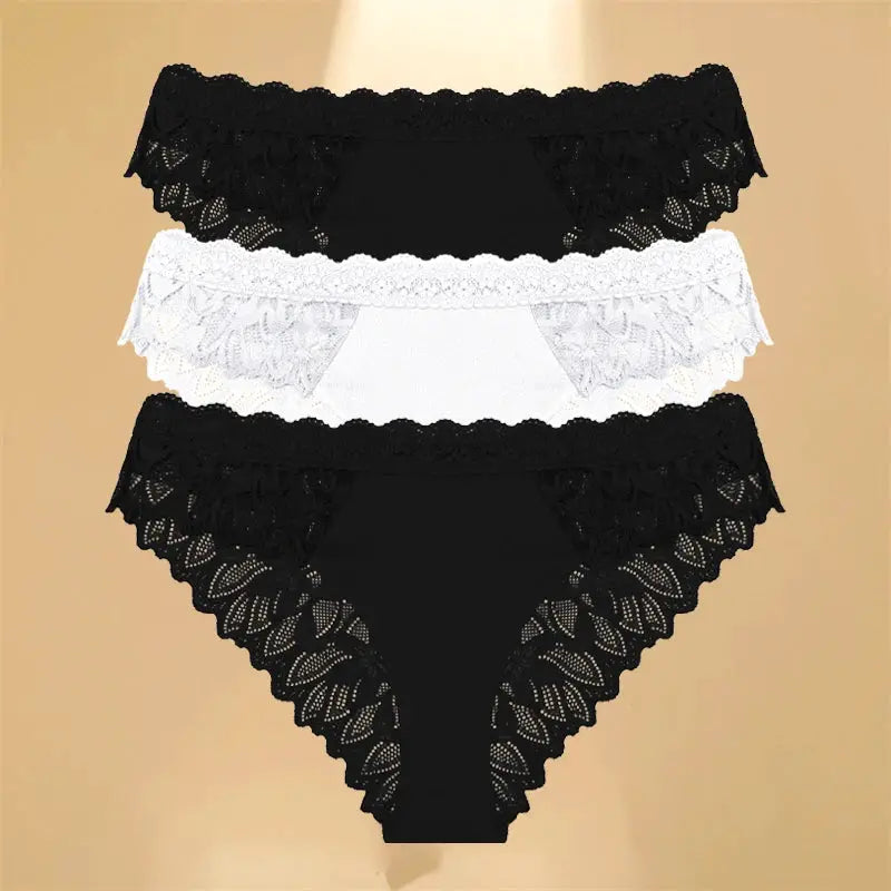 FINETOO 3Pcs lace hollow-out low-waist briefs set in black and white by Simples Market.