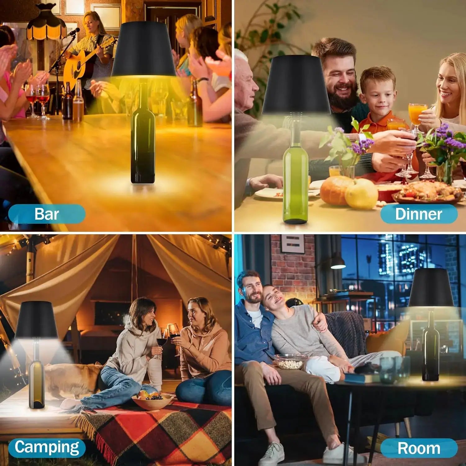 Wireless LED bottle lamp in a green wine bottle with black shade; touch-control lighting for bar, dinner, camping