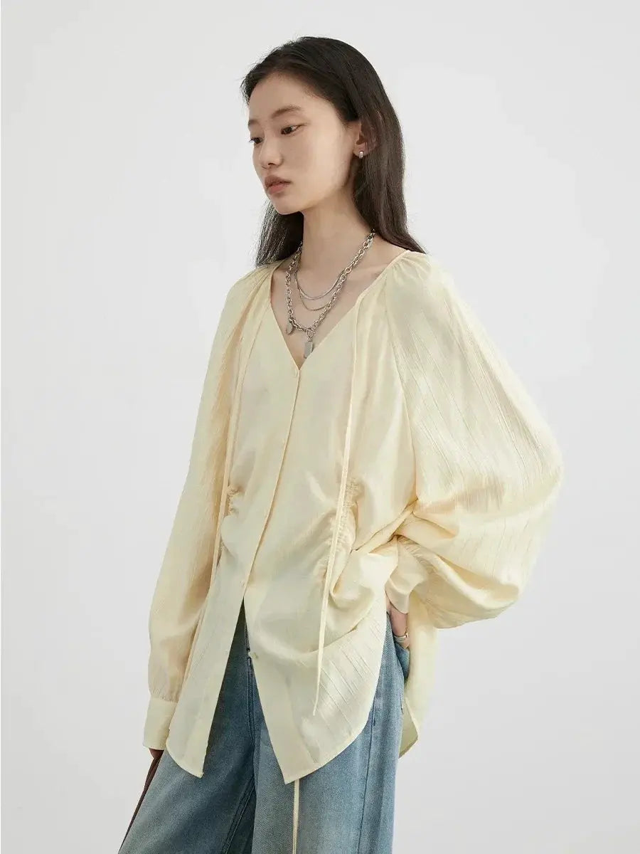 CHIC VEN women's loose lace-up shirt, cream satin with V-neck and oversized puff sleeves