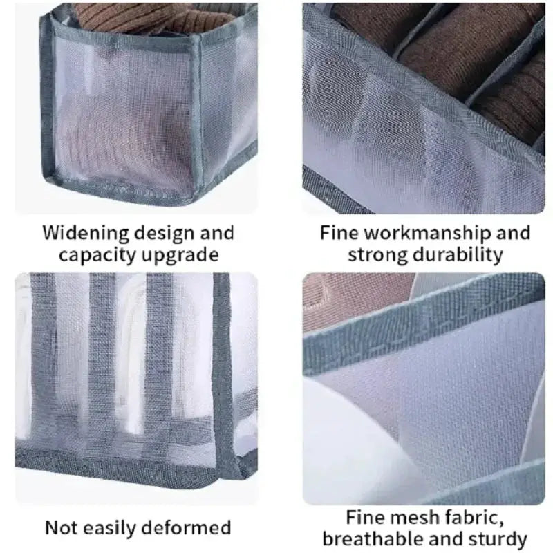 11-compartment underwear storage box, blue-gray nylon mesh, collapsible dorm organizer