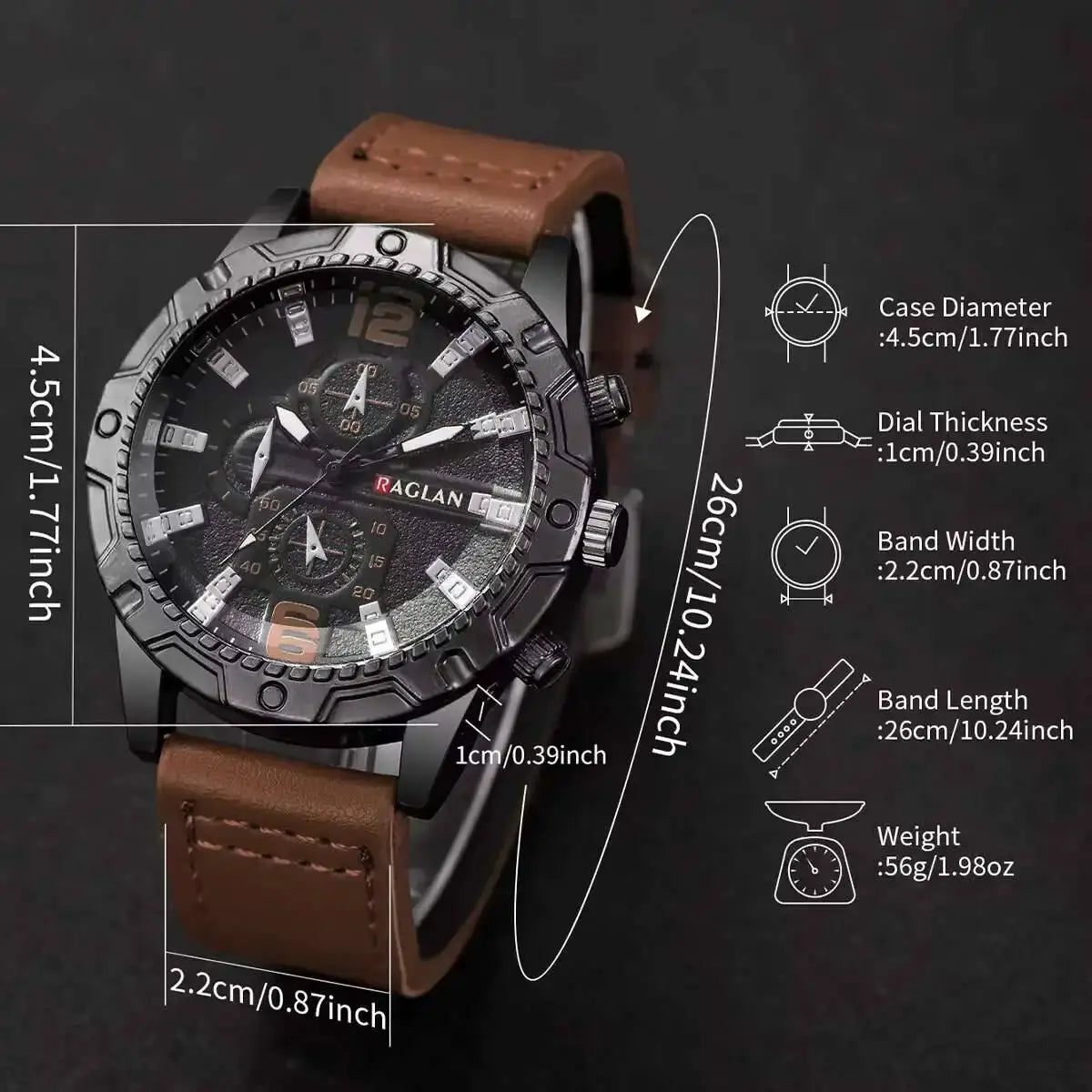 Mens Leather Strap Quartz Watch Large Dial Casual Sports Wristwatch With Arabic Numeral Markers
