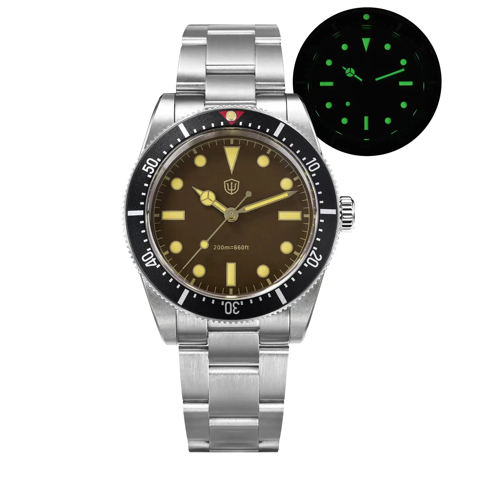 Simples Market Watchdives WD7922 BB54 dive watch with stainless steel bracelet, brown dial and luminous markers
