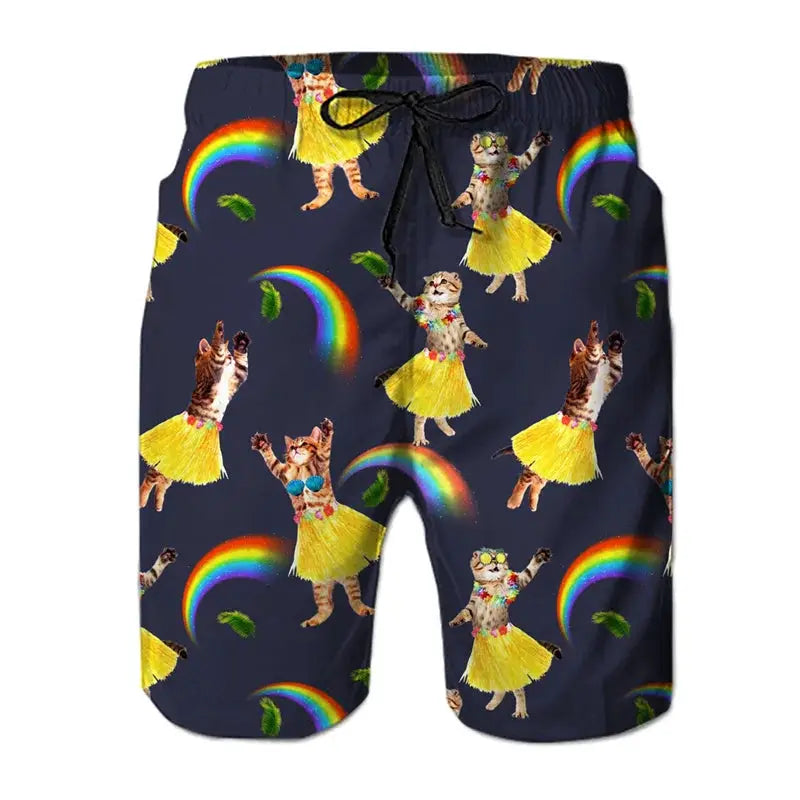 Men's board shorts with dancing cats in yellow hula skirts on navy background with rainbow arches