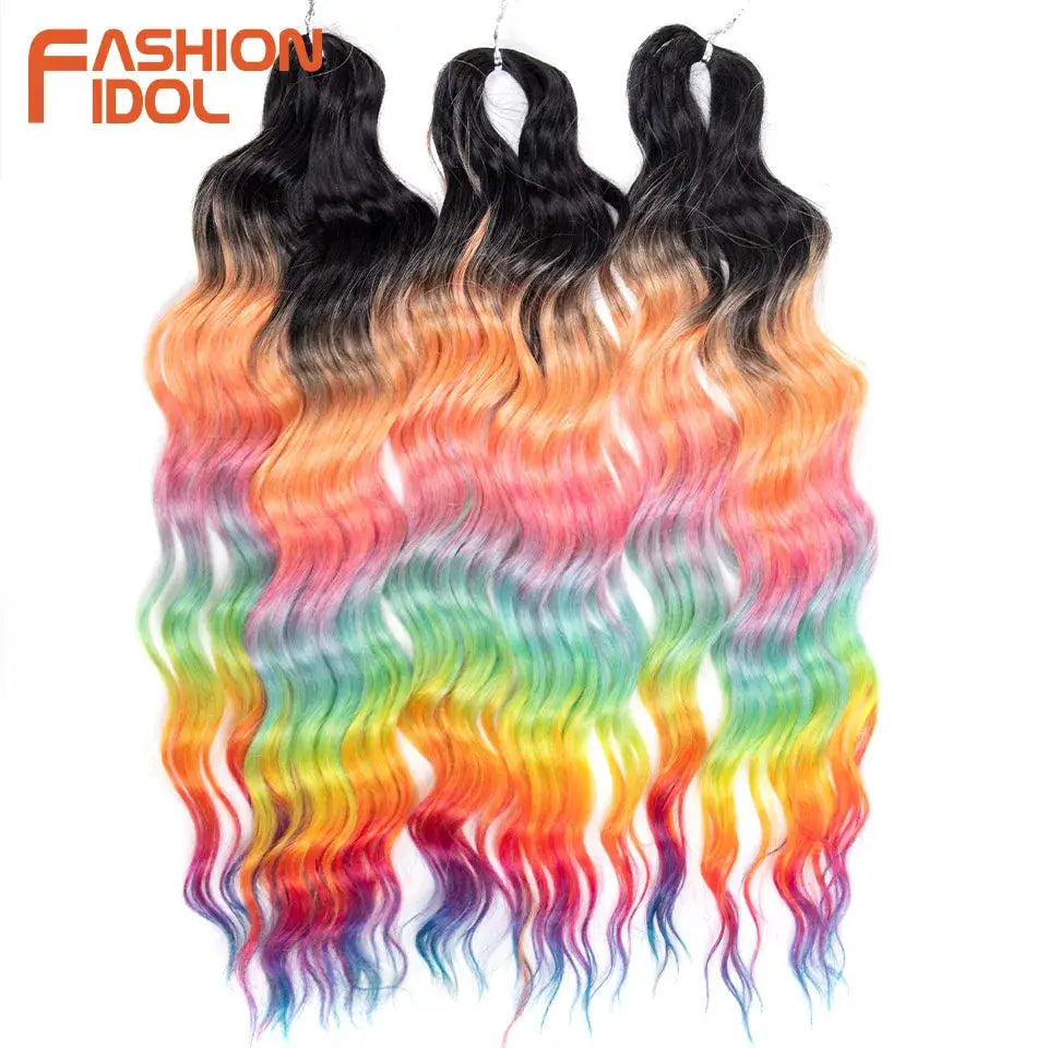 Anna 24-inch ombre rainbow water-wave synthetic hair extensions, four bundles with black roots, Fashion Idol logo