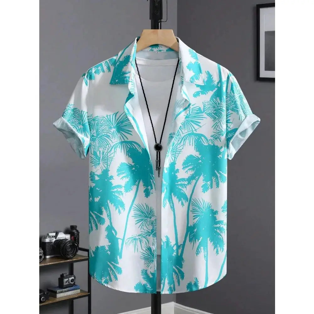 Hawaiian shirt with turquoise palm-tree print on white, short-sleeve casual beach style