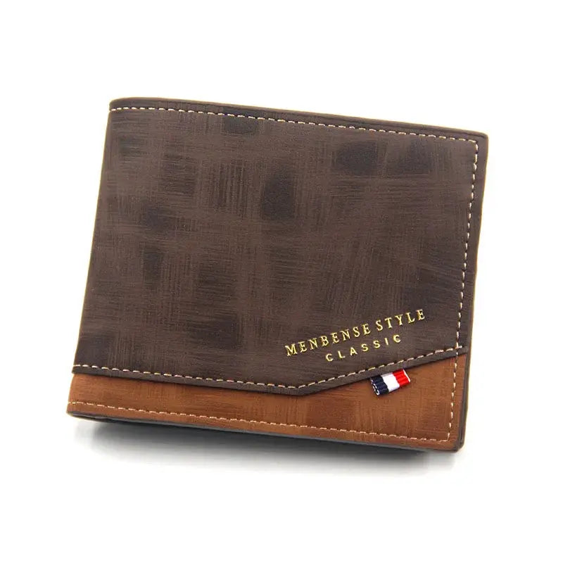 Men's brown two-tone frosted leather wallet with tan bottom panel and slim profile