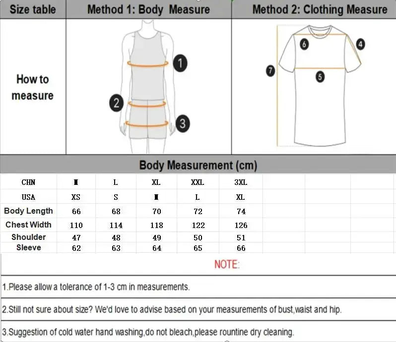 Simples Market men's white duck-down short puffer jacket size chart with body measurements and care notes