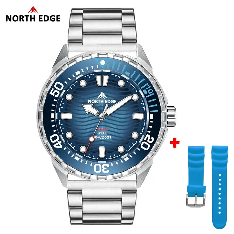 NORTH EDGE Triton-TI diving watch blue dial, steel bracelet; 300m water resistant, solar-powered, plus extra blue strap.