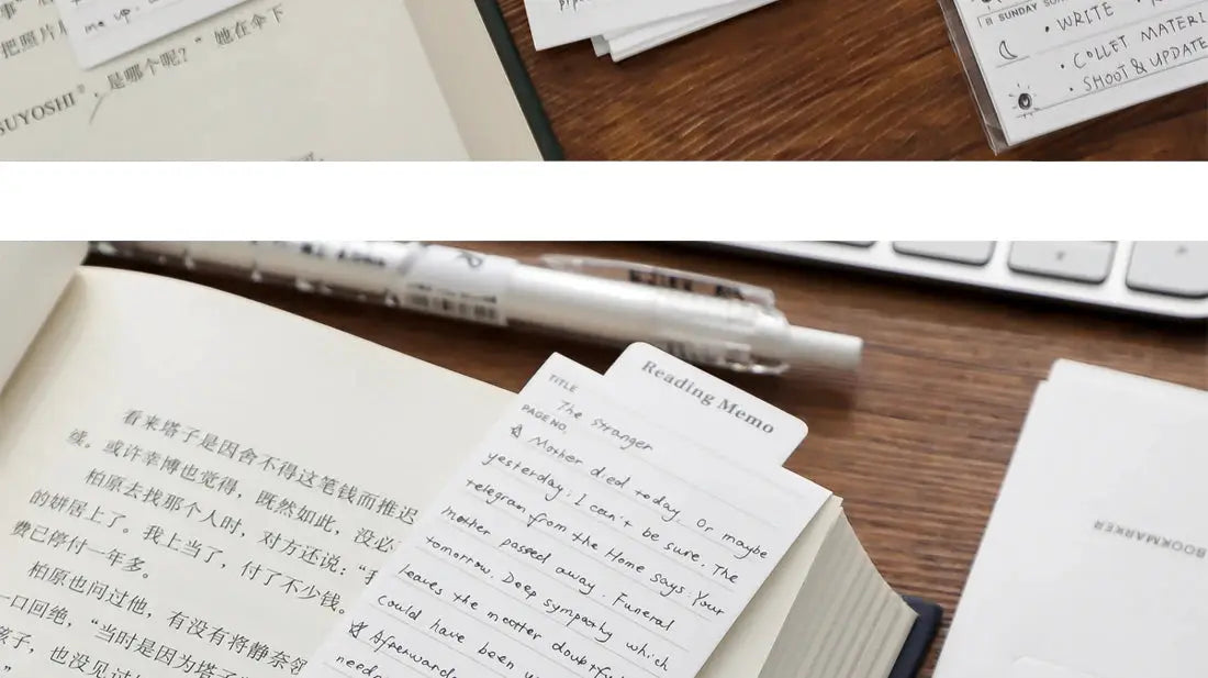 MINKYS 24-sheet kawaii bookmark-type memo pad by Simples Market, with Reading Memo tab shown on a desk near a book.