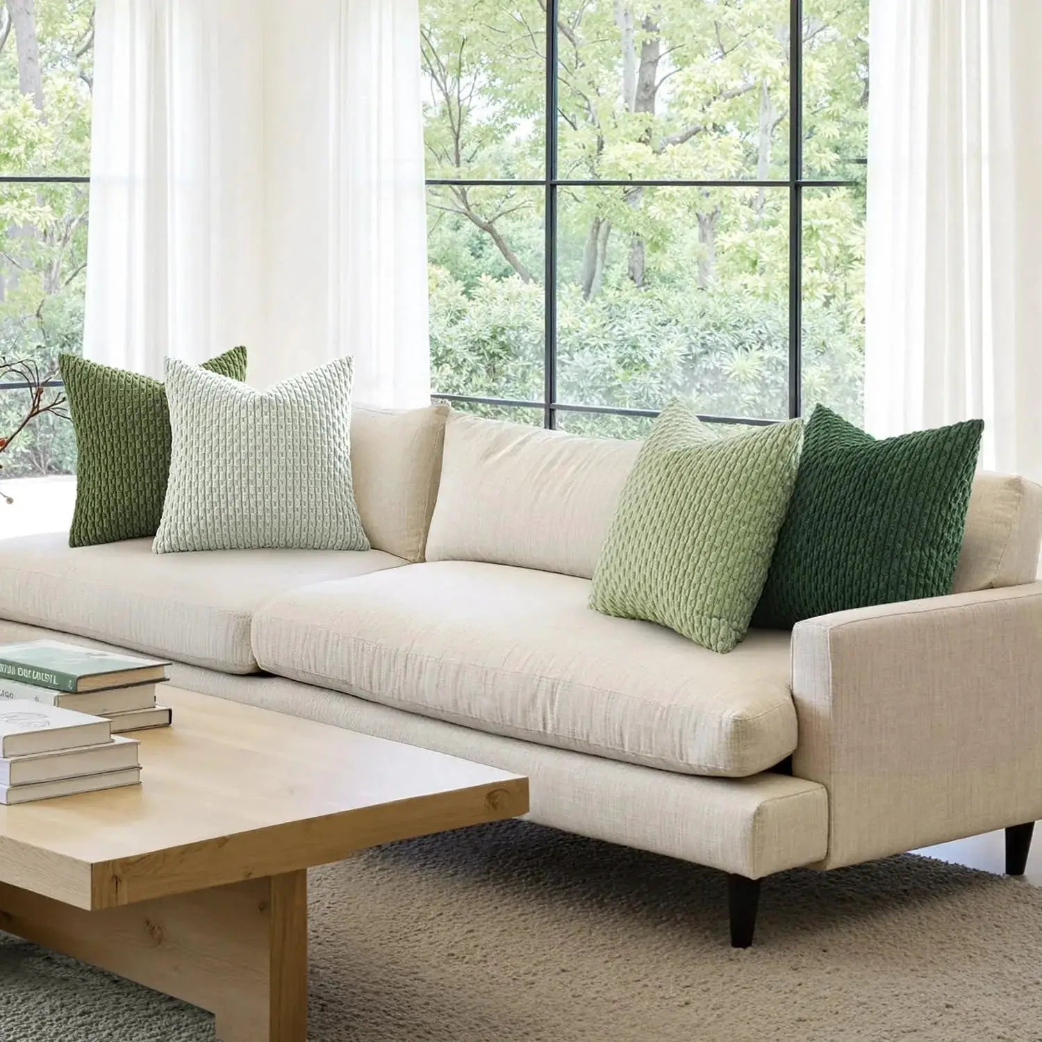 Spring decorative striped corduroy throw pillow covers, 20x20 inches, green and beige; set of five on sofa