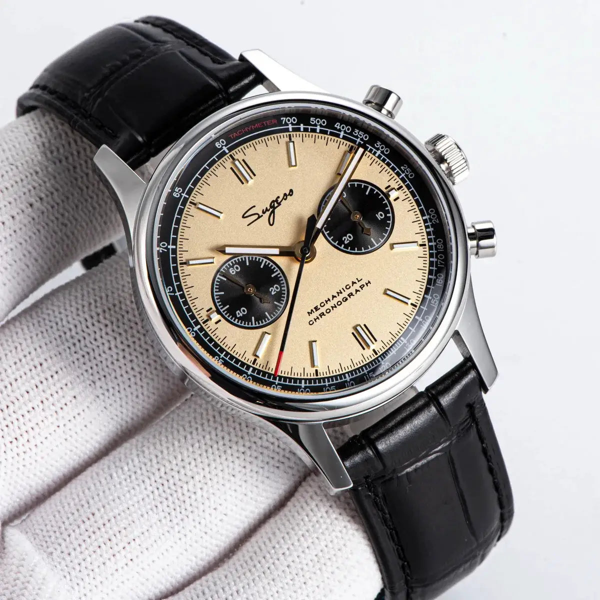 Sugess 1963 Pilot Watch Panda, beige dial with black subdials, stainless steel case, black leather strap