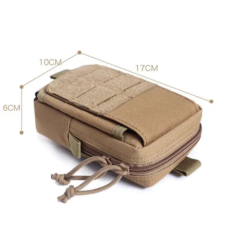 Tan tactical MOLLE pouch waist bag for EDC gear with zipper and drawstrings; compact 17x10x6 cm.