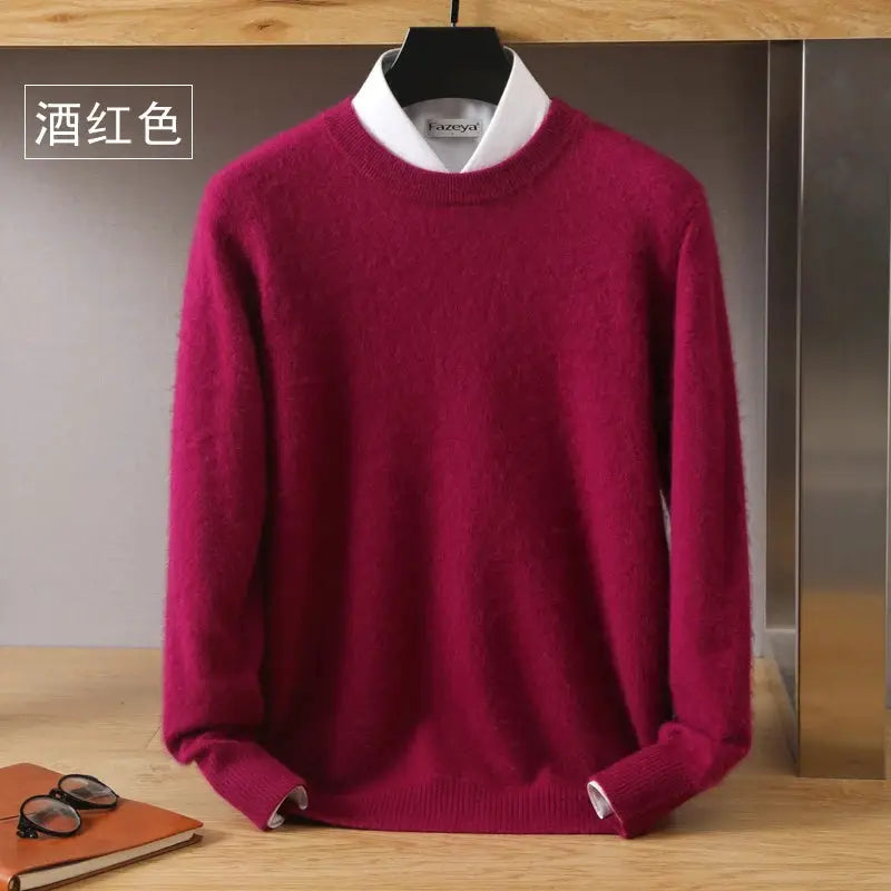 Men's wine-red 100% mink cashmere O-neck knit sweater, long sleeves, Simples Market