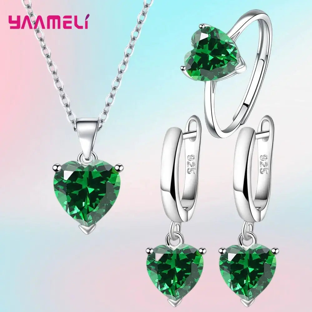 Fine 925 Sterling Silver Jewelry Gift Set For Women Heart Zircon Huggie Earrings Pendant Necklace Ring