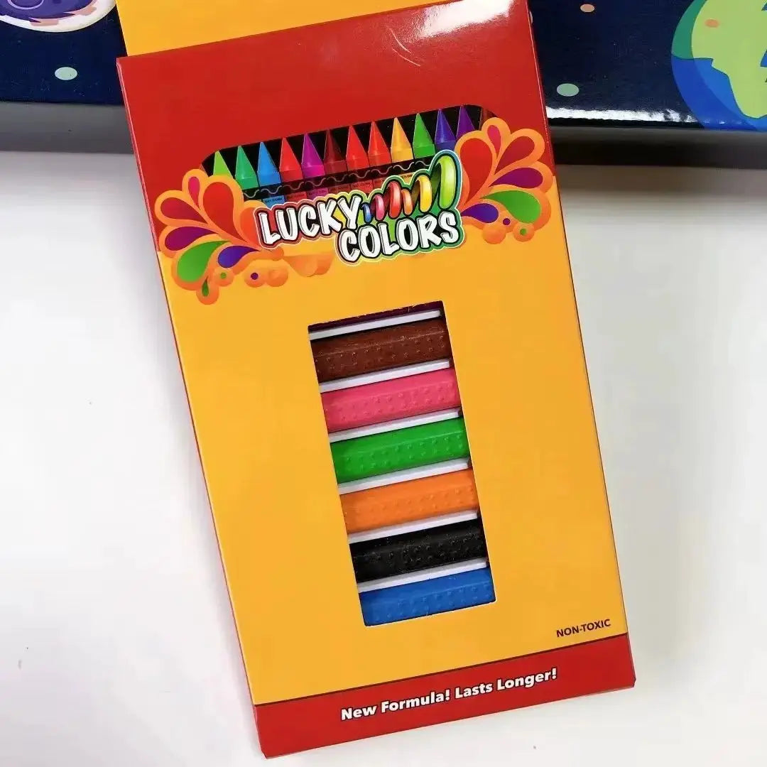 Lucky Colors 12-color washable wax crayons set in yellow box with visible assortment through window
