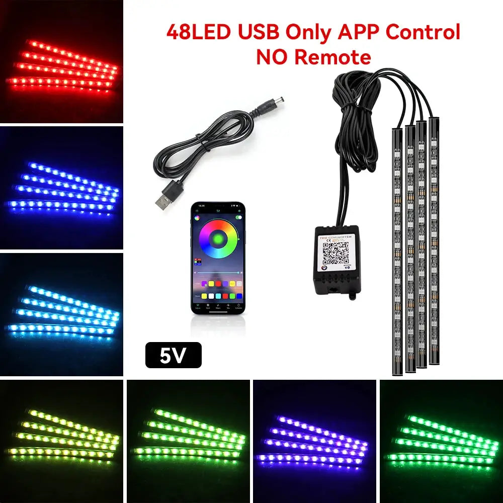 Neon 36 48 72 LED Car Interior Ambient Foot Light Kit RGB With Remote App And Music Sync Control