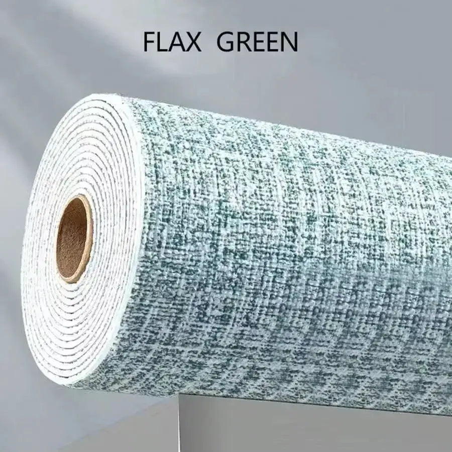 Self-adhesive 3D linen foam wallpaper roll in flax green by Simples Market, a PVC moisture-proof wallcovering.