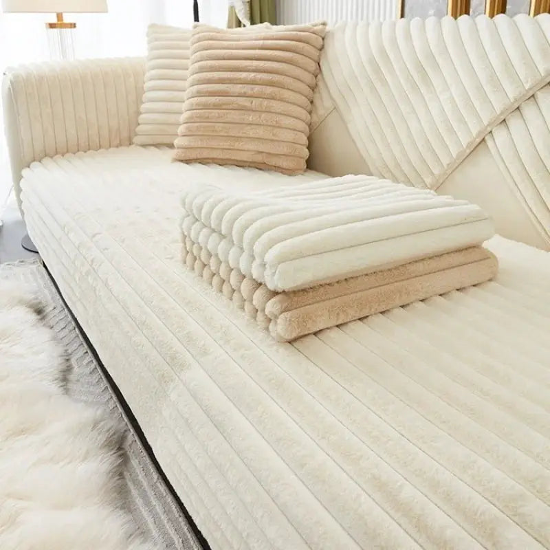 Sofa cover Simples Market imitation rabbit fur, thick plush stripe, non-slip, cream beige