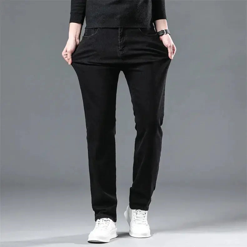 Men's black straight-leg fleece-lined denim pants, warm casual trousers, plus size, Simples Market online